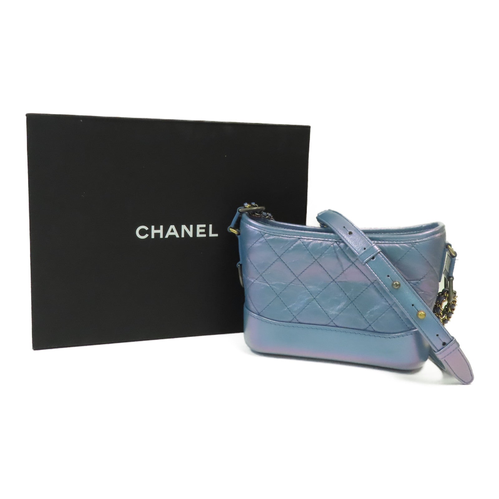 CHANEL 菱格牛皮皮革Gabrielle金扣/銀扣鏈帶肩背袋藍色