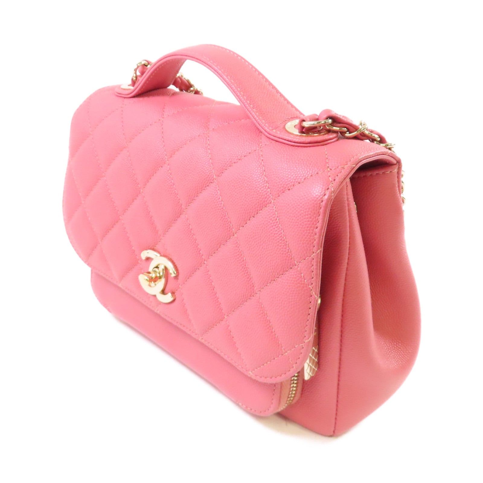 CHANEL 菱格Caviar皮革2Way Shoulder Bag金扣鏈帶手挽肩背兩用袋粉紅色