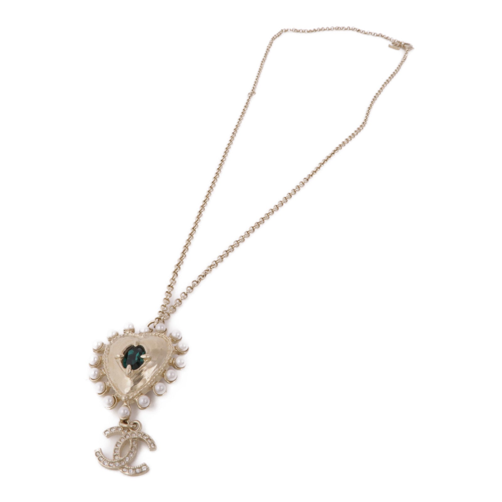 CHANEL CC Necklace Metal Gold Green White