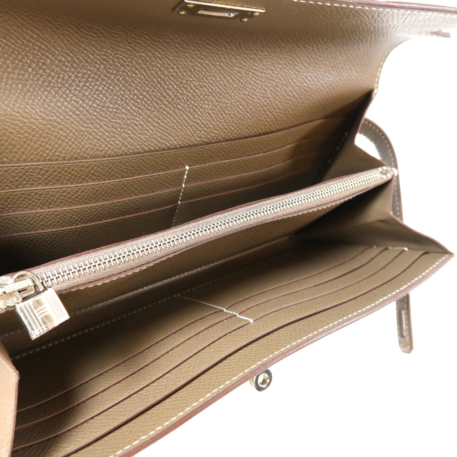 HERMES Epsom皮革Kelly Wallet銀扣長錢包Etoupe大象灰