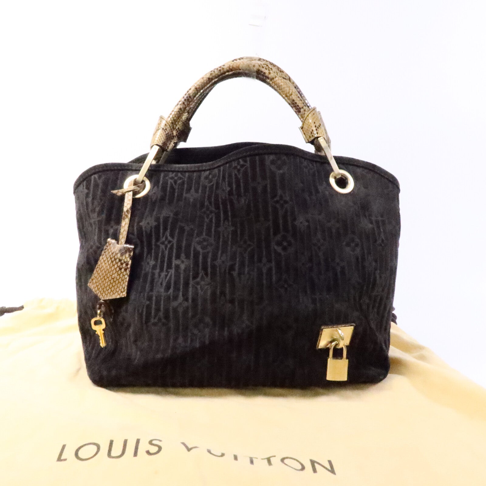 LOUIS VUITTON Monogram Suded/蛇皮皮革Whisper手挽袋