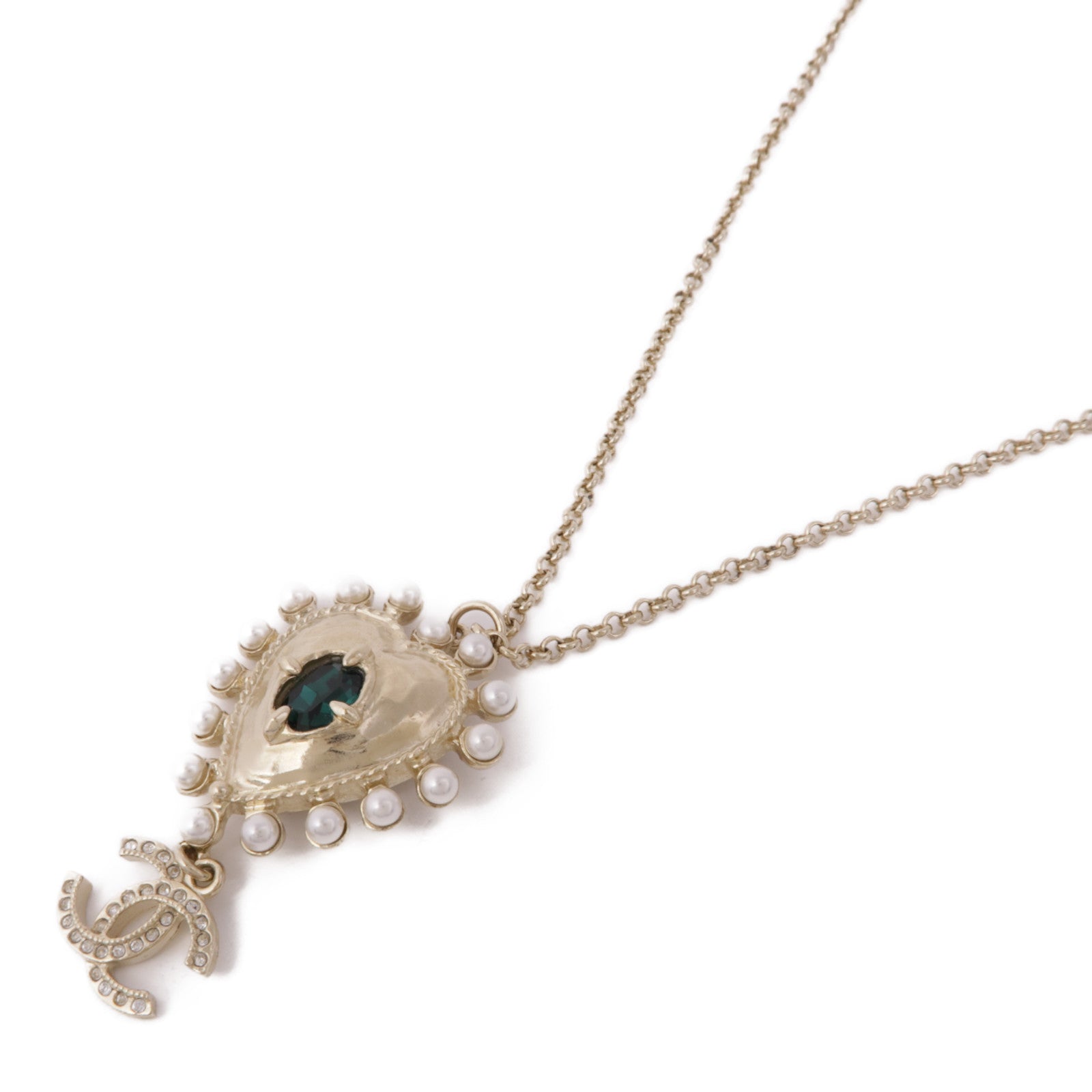 CHANEL CC Necklace Metal Gold Green White