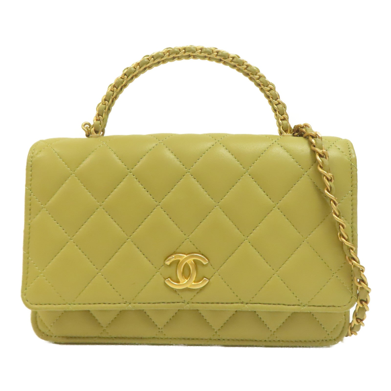 CHANEL 菱格羊皮皮革Handle Chain Flap金扣手挽肩背兩用袋淺綠色