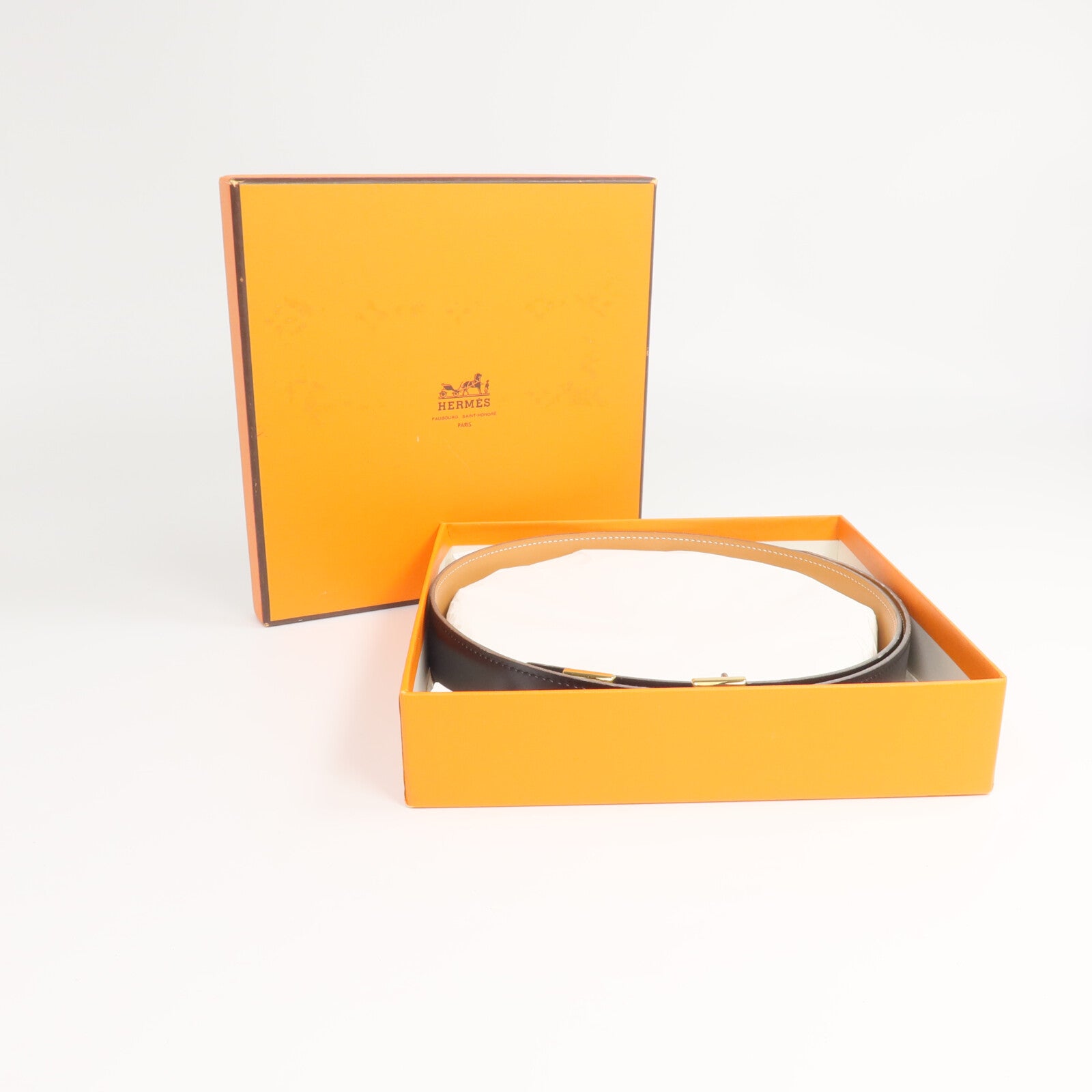 HERMES Box/Swift皮革Constance Belt皮帶Noir/Tabac Camel