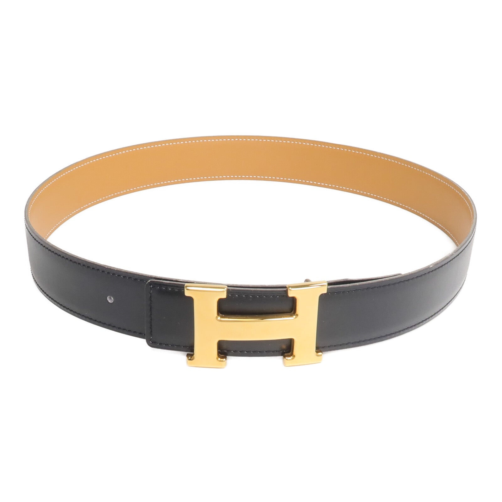 HERMES Box/Swift皮革Constance Belt皮帶Noir/Tabac Camel