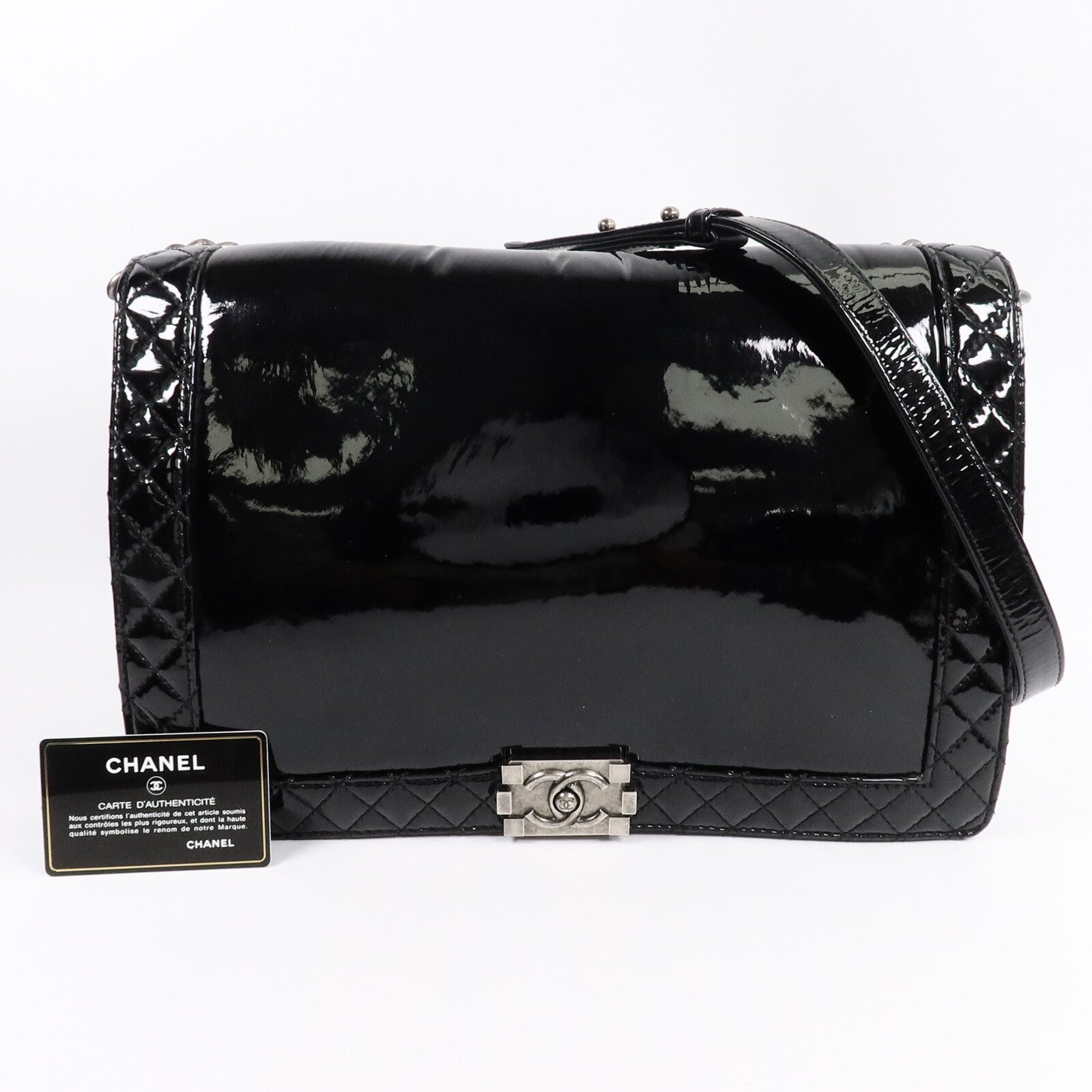 CHANEL 漆皮皮革Reverso Boy XL鏈帶手挽肩背兩用袋