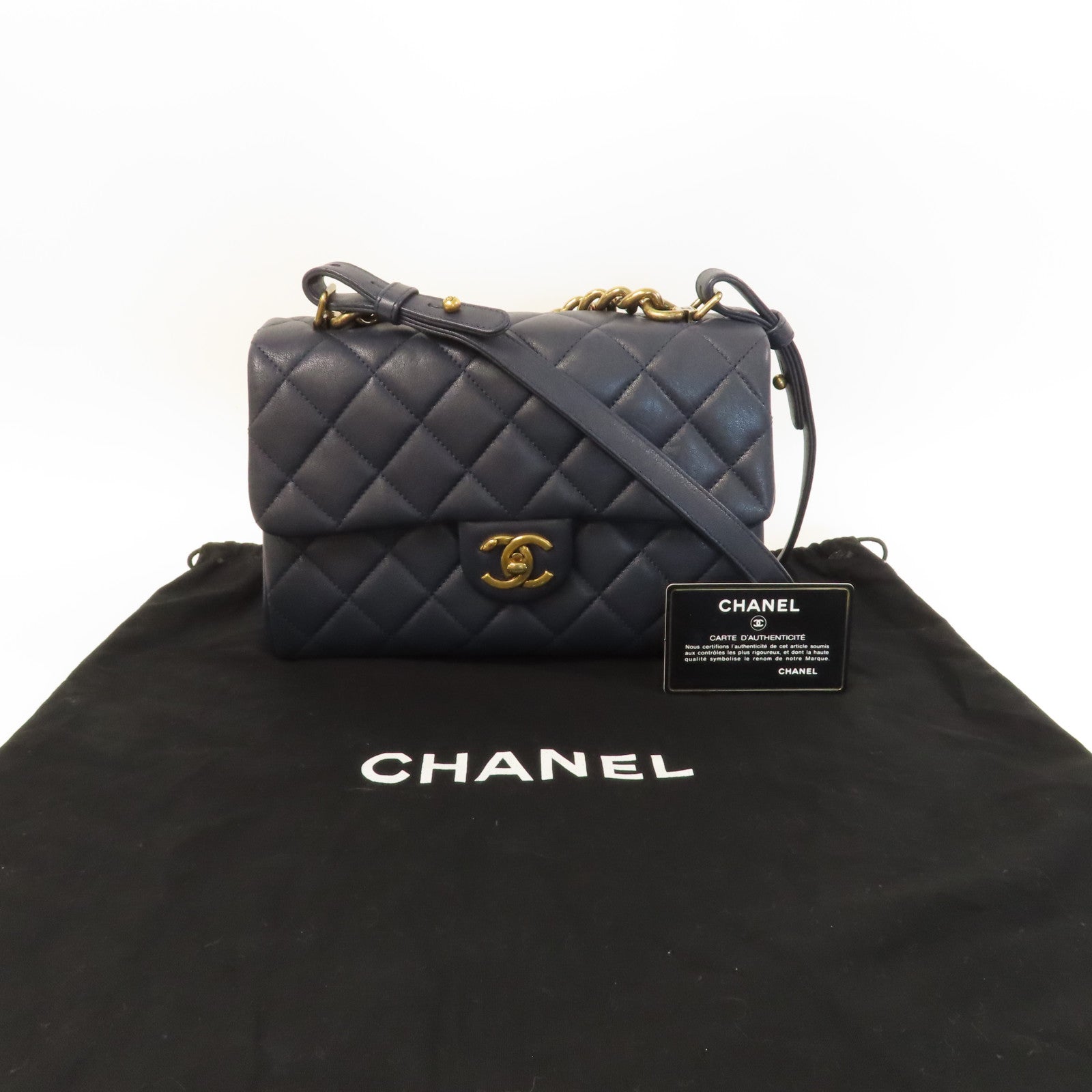 CHANEL 【激減優惠】菱格牛皮皮革Chain Shoulder金扣鏈帶肩背袋深藍色