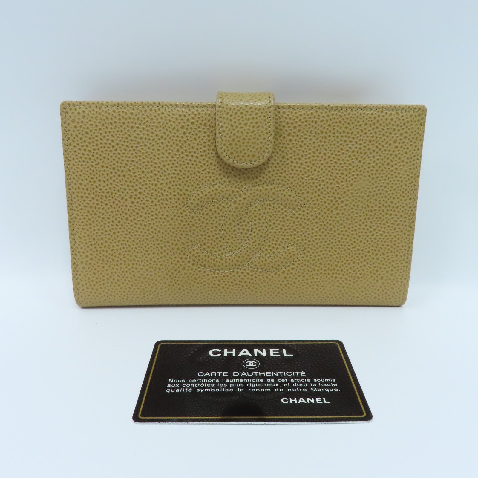 CHANEL 【激減優惠】Caviar皮革Long Wallet金扣啪鈕長錢包米色