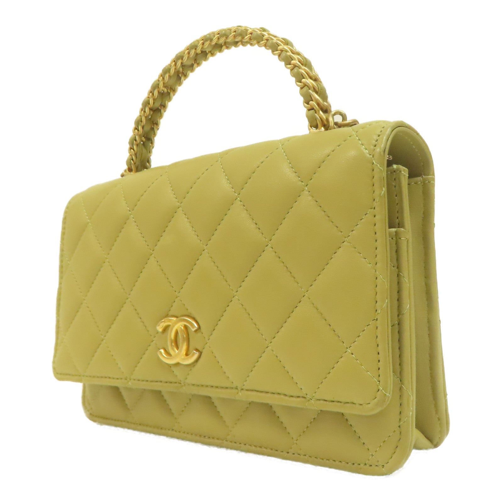 CHANEL 菱格羊皮皮革Handle Chain Flap金扣手挽肩背兩用袋淺綠色