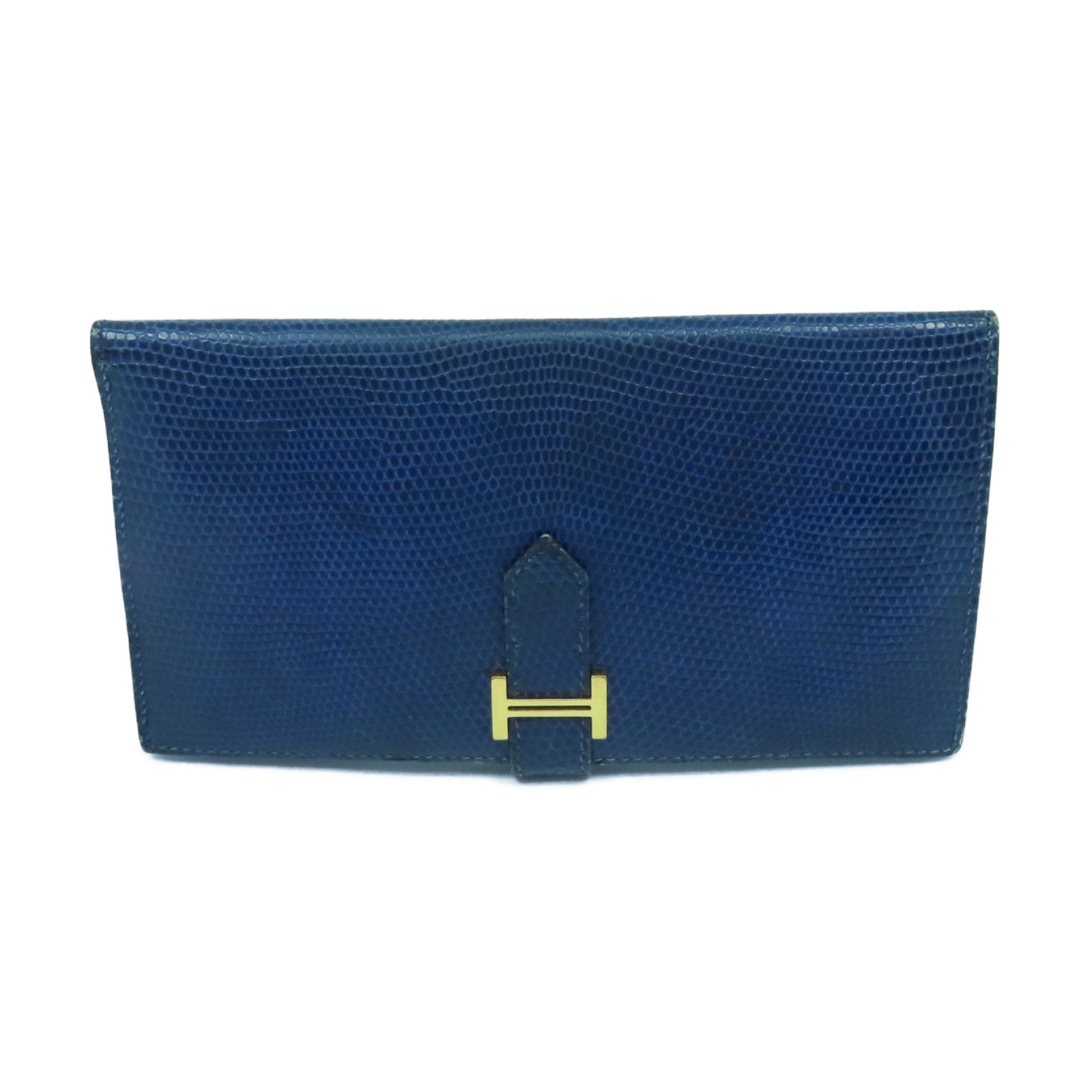 HERMES 【激減優惠】蜥蝪皮革Bearn W Snap金扣長錢包藍色