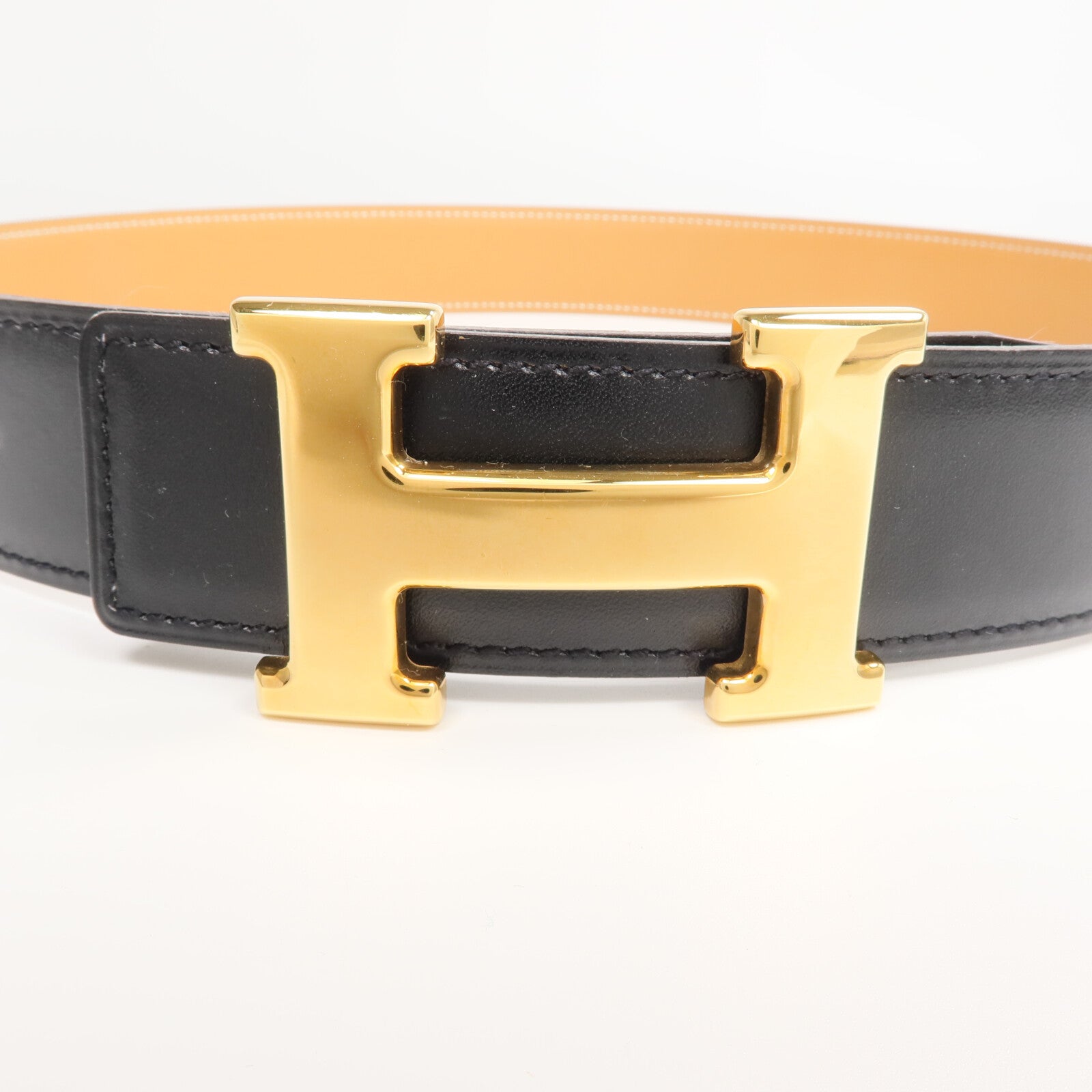 HERMES Box/Swift皮革Constance Belt皮帶Noir/Tabac Camel