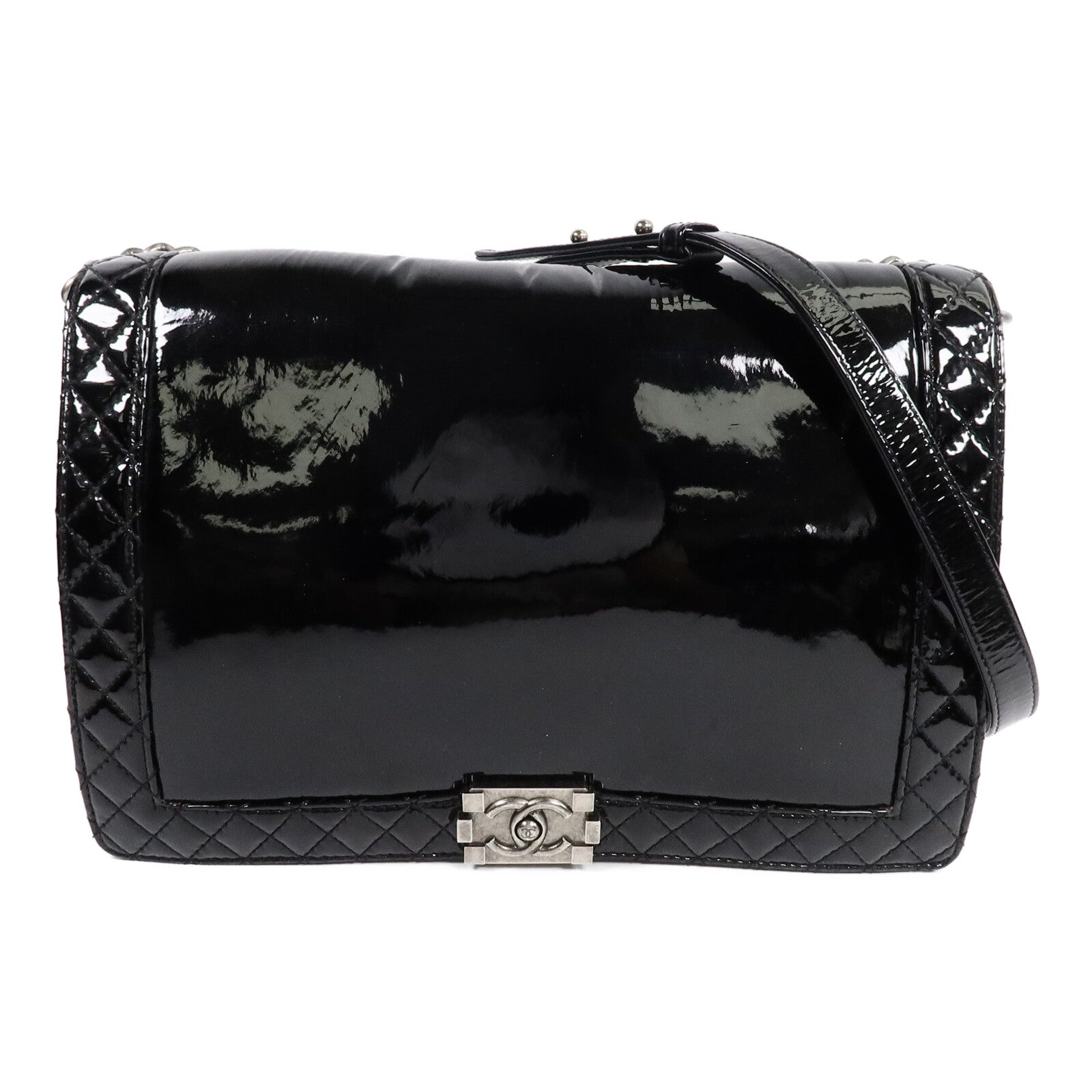 CHANEL 漆皮皮革Reverso Boy XL鏈帶手挽肩背兩用袋