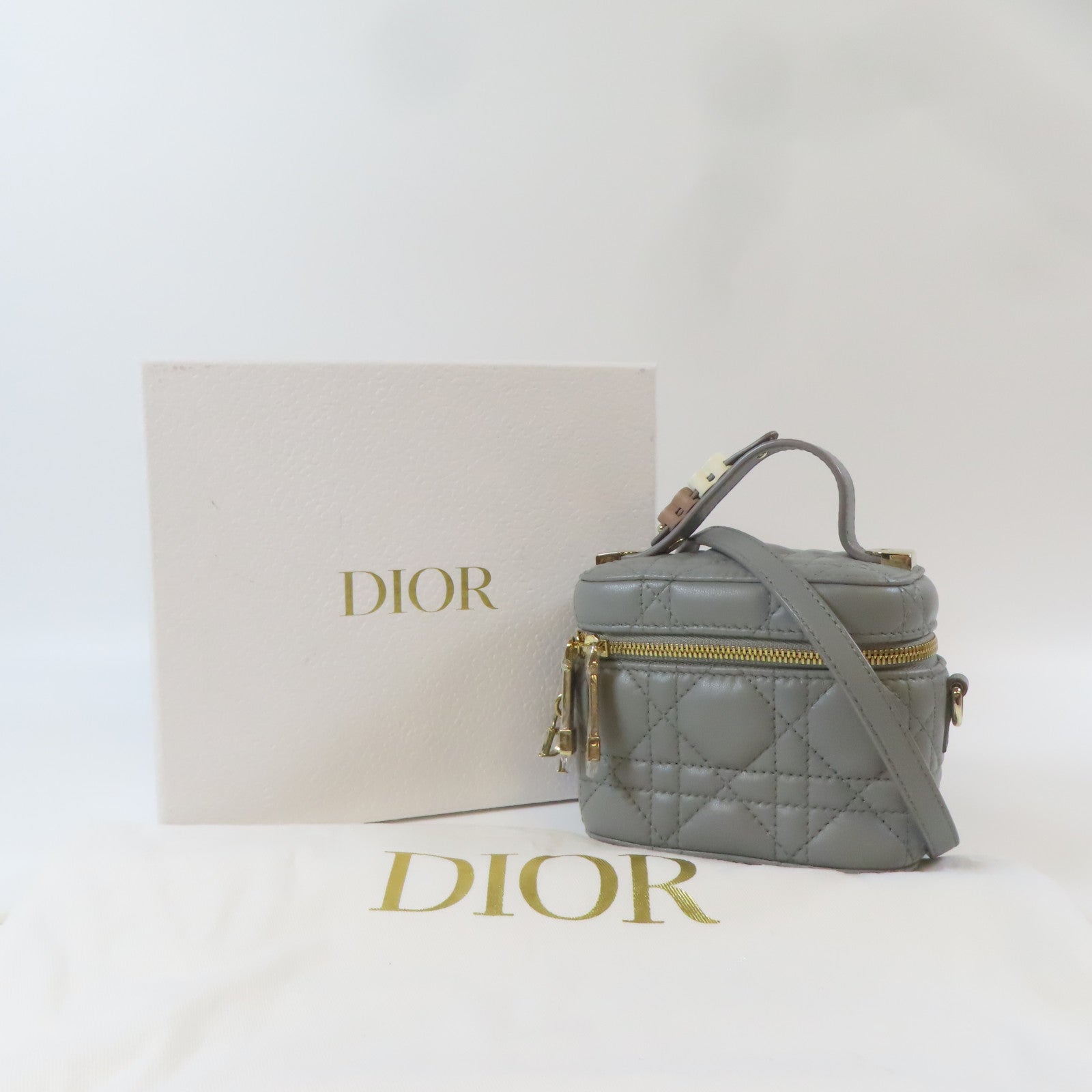 Dior 【激減優惠】羊皮皮革Cannage Vanity金扣手挽肩背兩用袋灰色