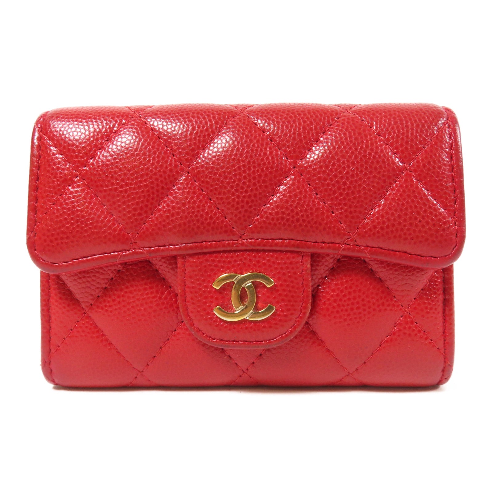 CHANEL 菱格Caviar皮革Card Case金扣卡片套紅色