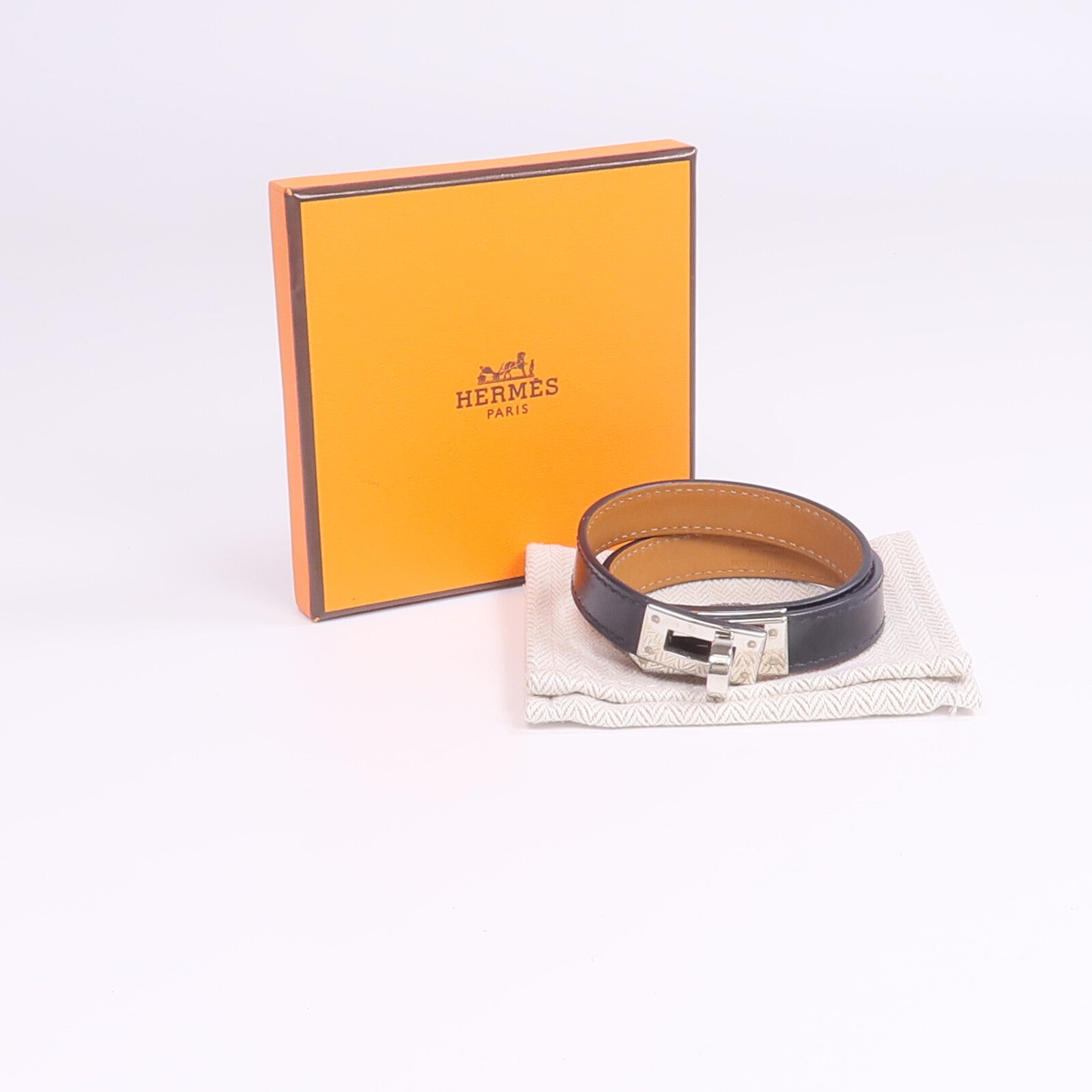HERMES Boxcalf皮革Kelly Double Tour Bracelet銀扣手帶