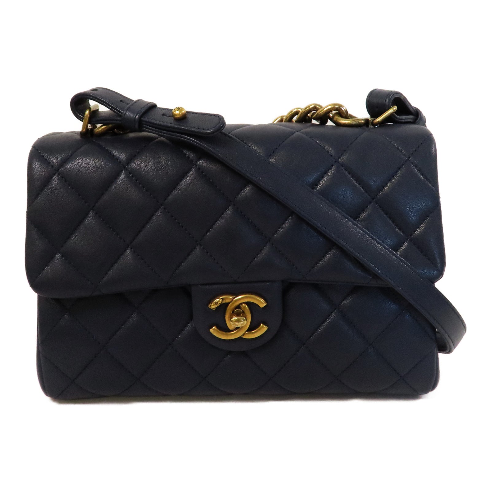 CHANEL 【激減優惠】菱格牛皮皮革Chain Shoulder金扣鏈帶肩背袋深藍色