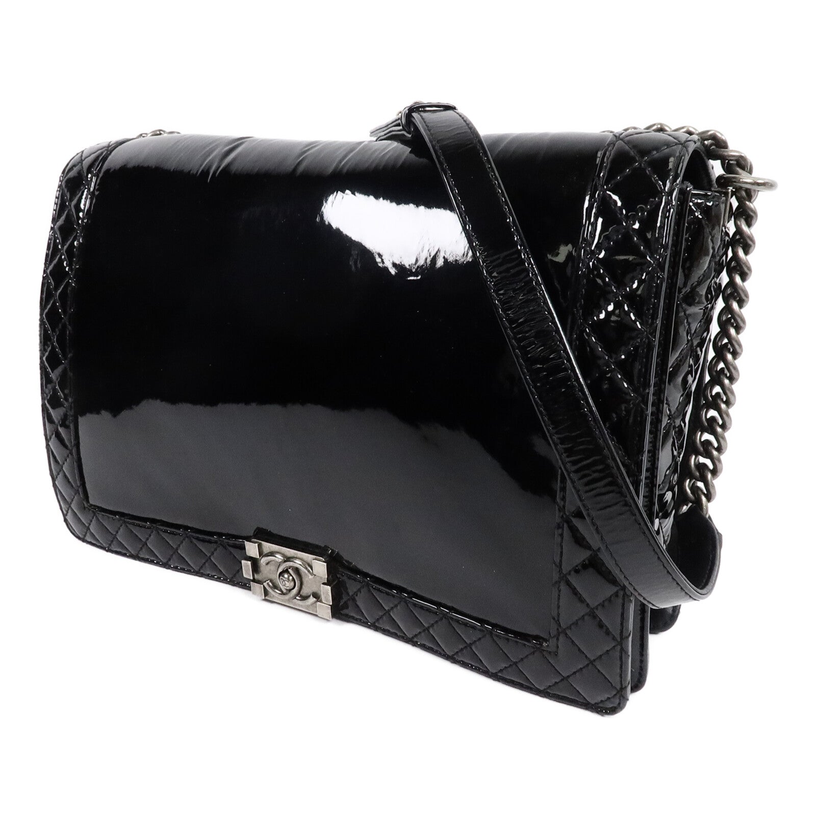 CHANEL 漆皮皮革Reverso Boy XL鏈帶手挽肩背兩用袋