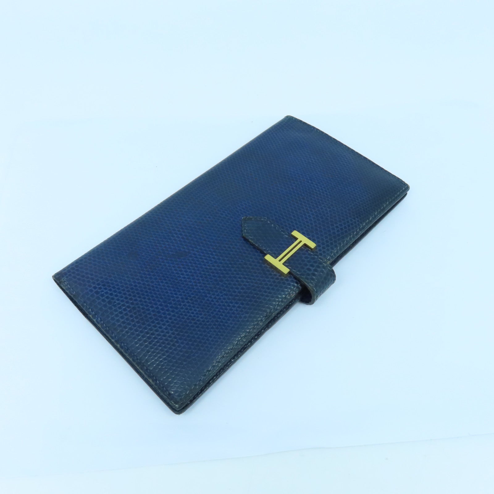 HERMES 【激減優惠】蜥蝪皮革Bearn W Snap金扣長錢包藍色