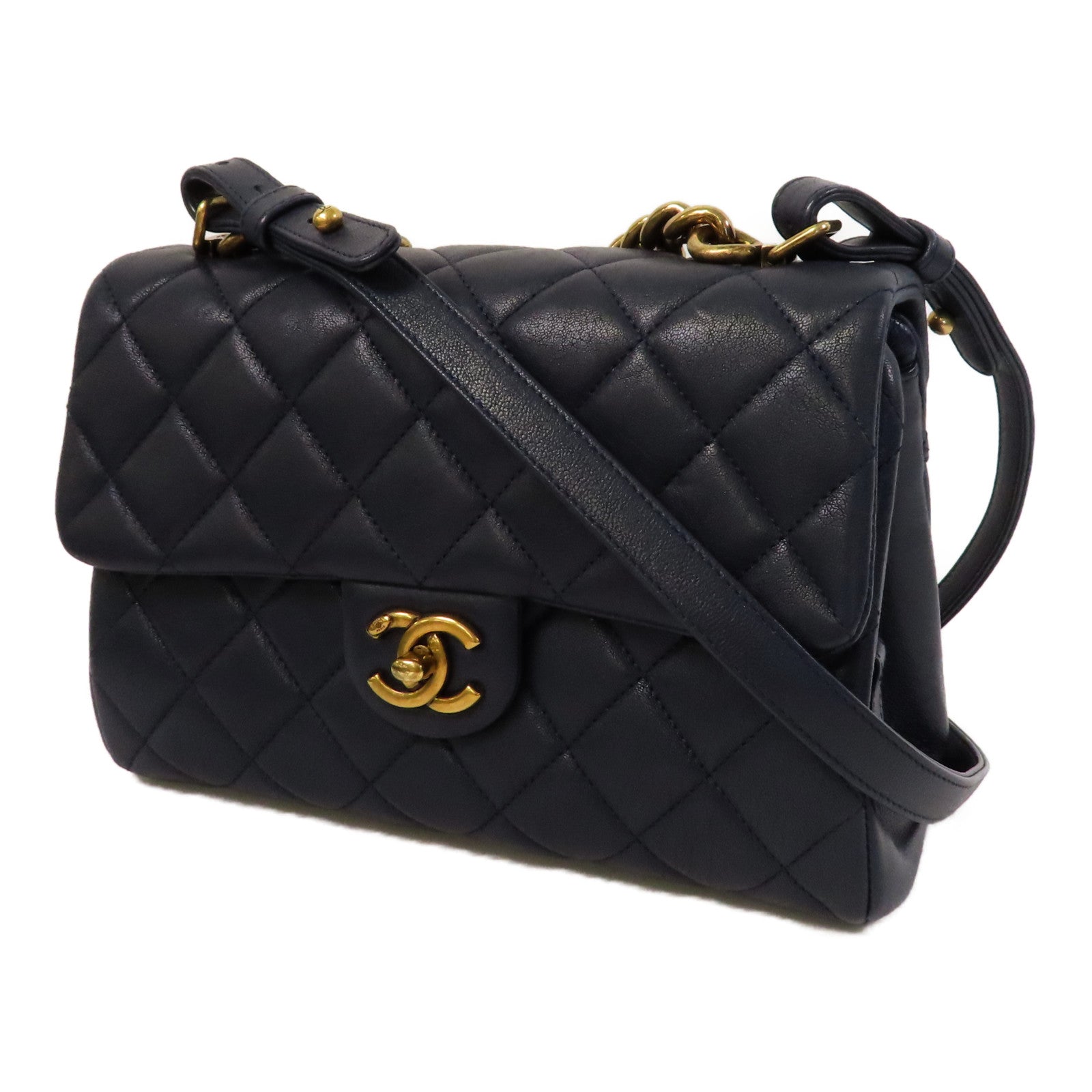 CHANEL 【激減優惠】菱格牛皮皮革Chain Shoulder金扣鏈帶肩背袋深藍色