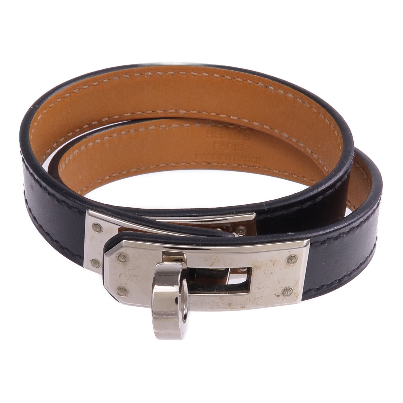 HERMES Boxcalf皮革Kelly Double Tour Bracelet銀扣手帶