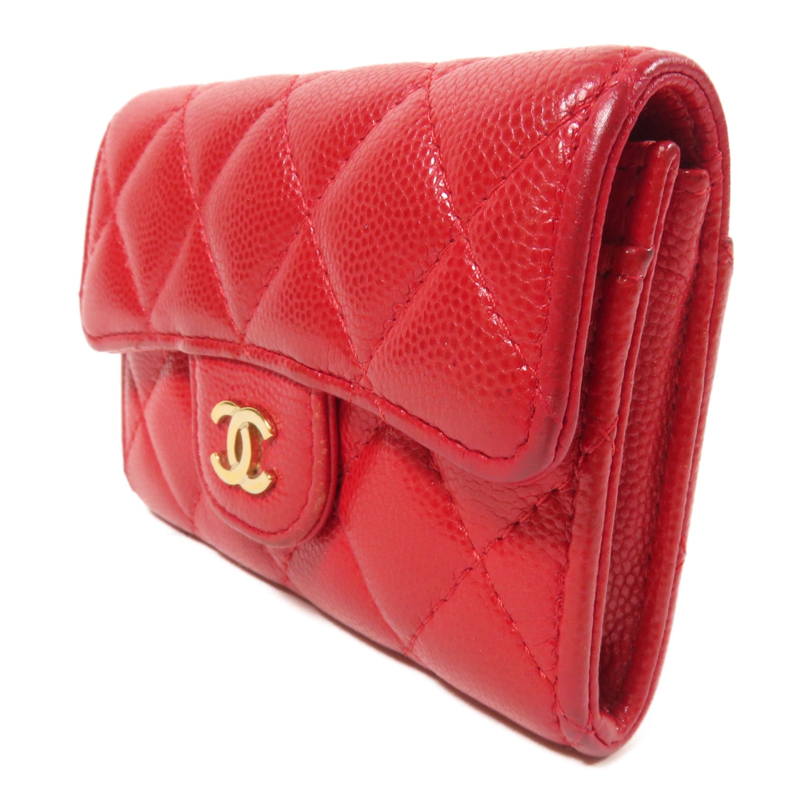 CHANEL 菱格Caviar皮革Card Case金扣卡片套紅色