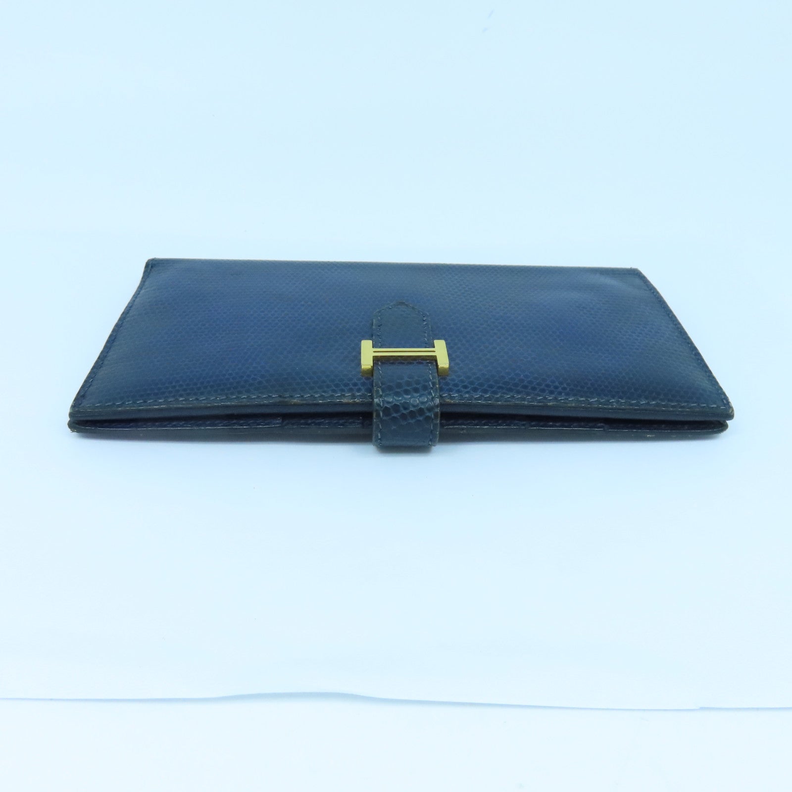 HERMES 【激減優惠】蜥蝪皮革Bearn W Snap金扣長錢包藍色