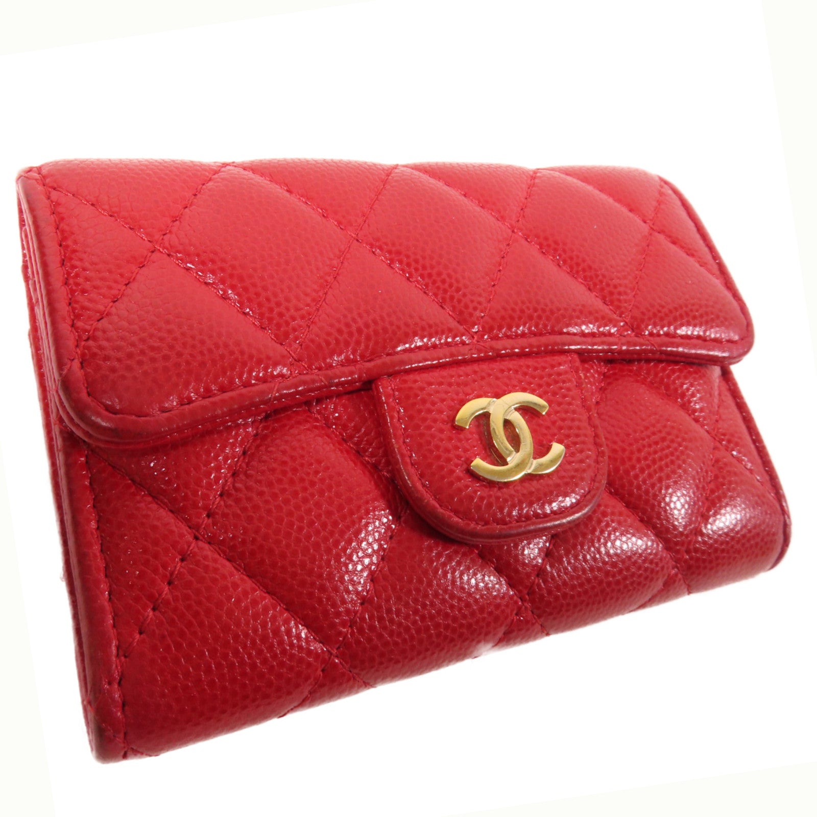 CHANEL 菱格Caviar皮革Card Case金扣卡片套紅色