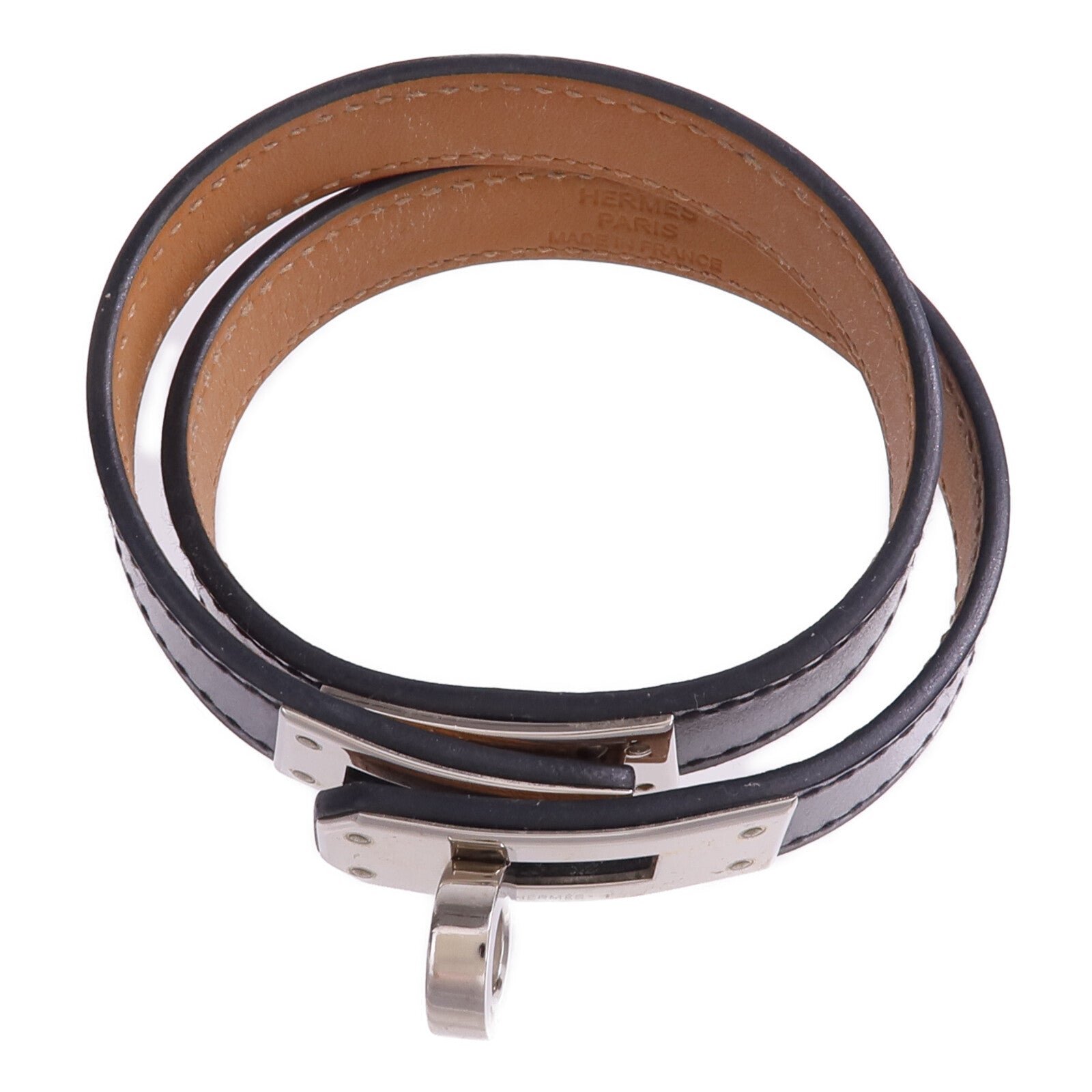 HERMES Boxcalf皮革Kelly Double Tour Bracelet銀扣手帶