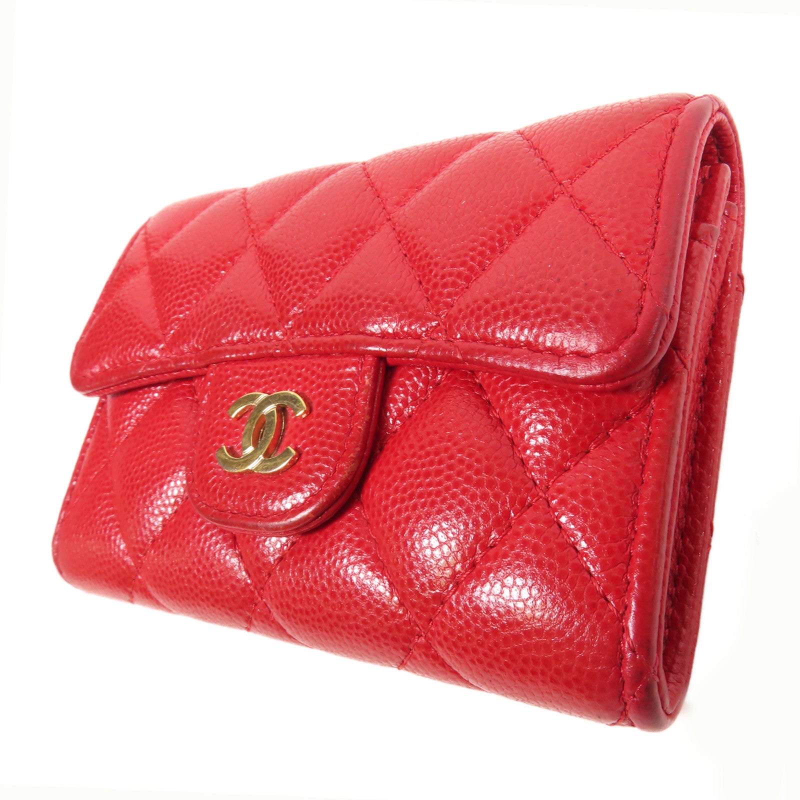CHANEL 菱格Caviar皮革Card Case金扣卡片套紅色