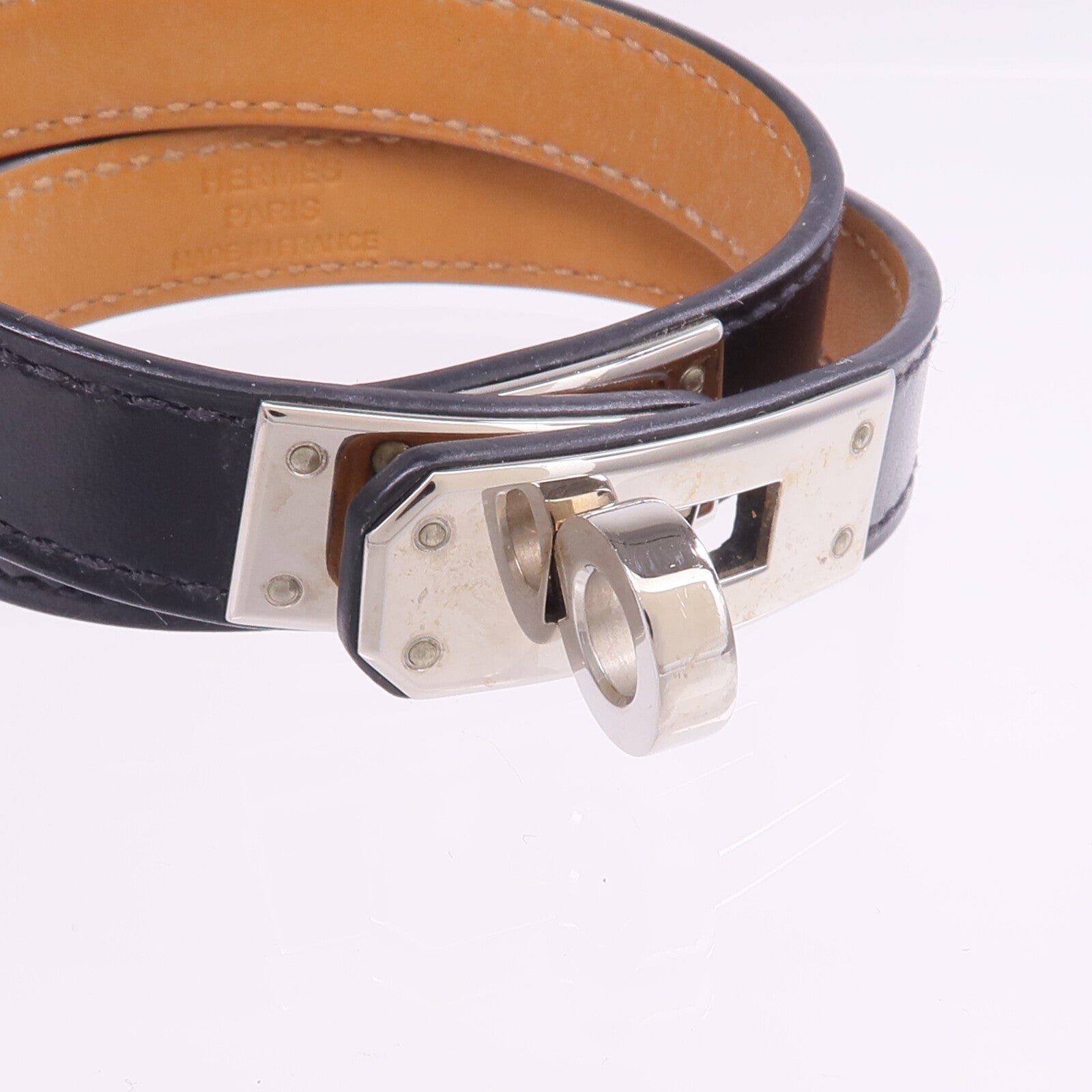 HERMES Boxcalf皮革Kelly Double Tour Bracelet銀扣手帶