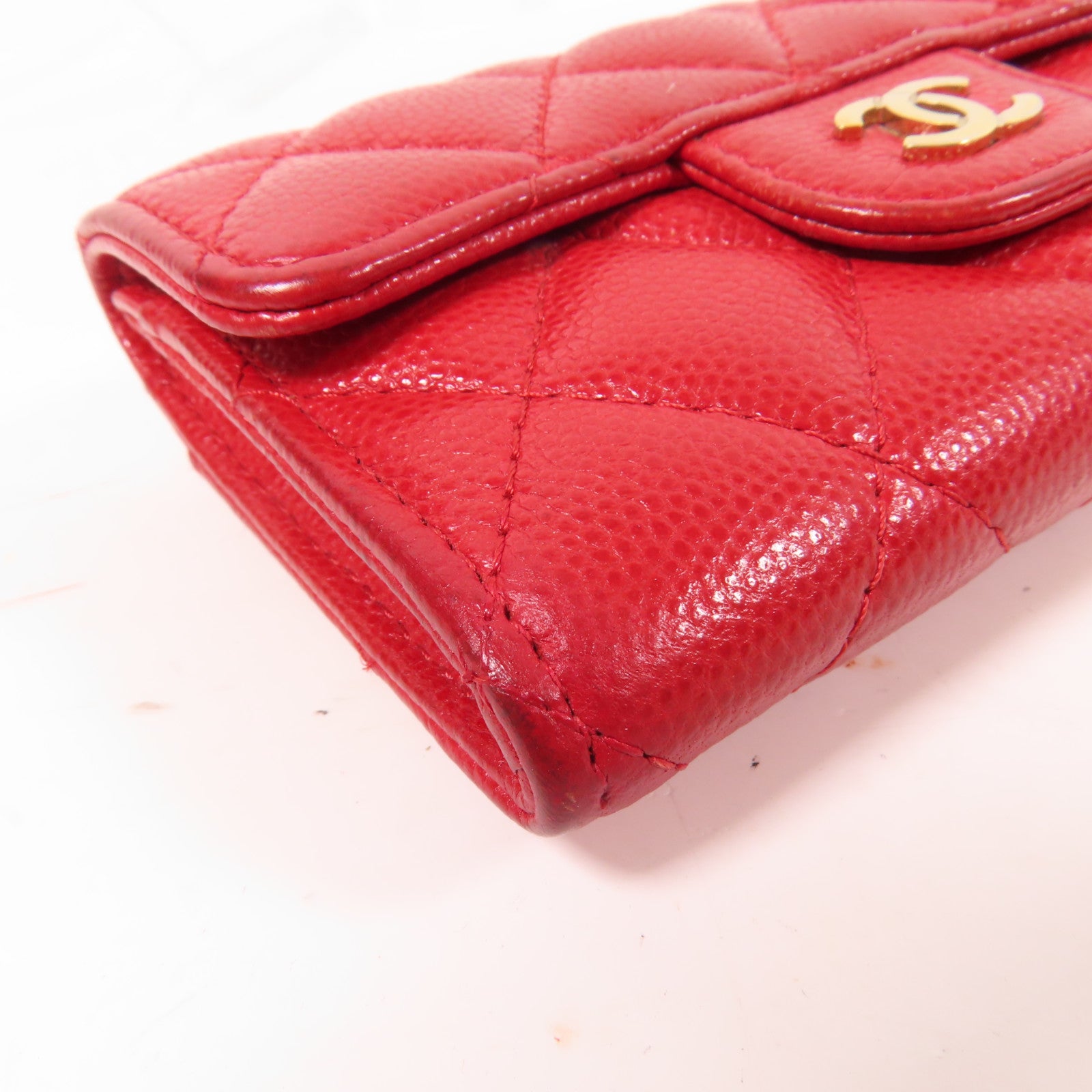 CHANEL 菱格Caviar皮革Card Case金扣卡片套紅色