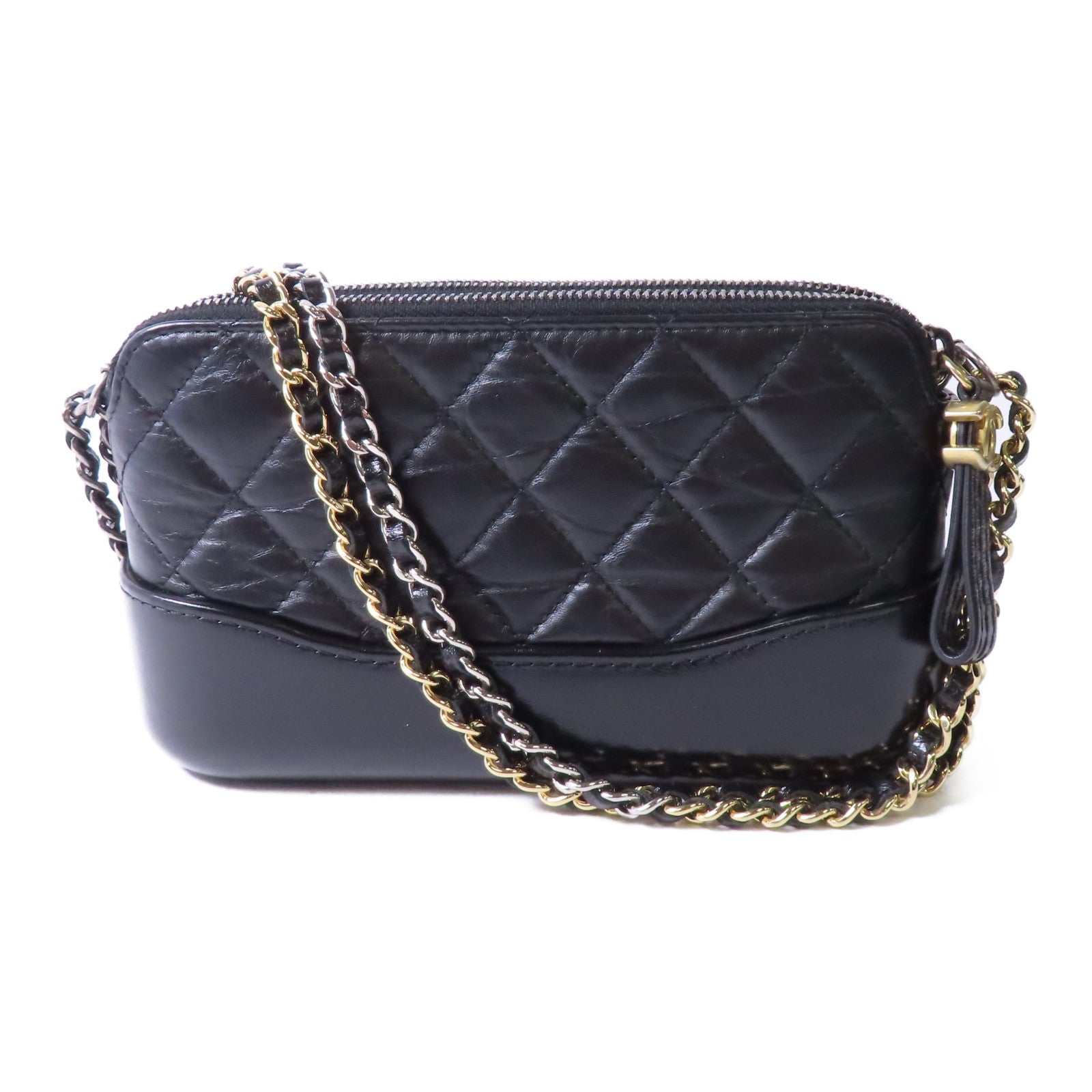 CHANEL 菱格牛皮皮革Gabrielle Clutch金/銀扣鏈帶肩背袋黑色