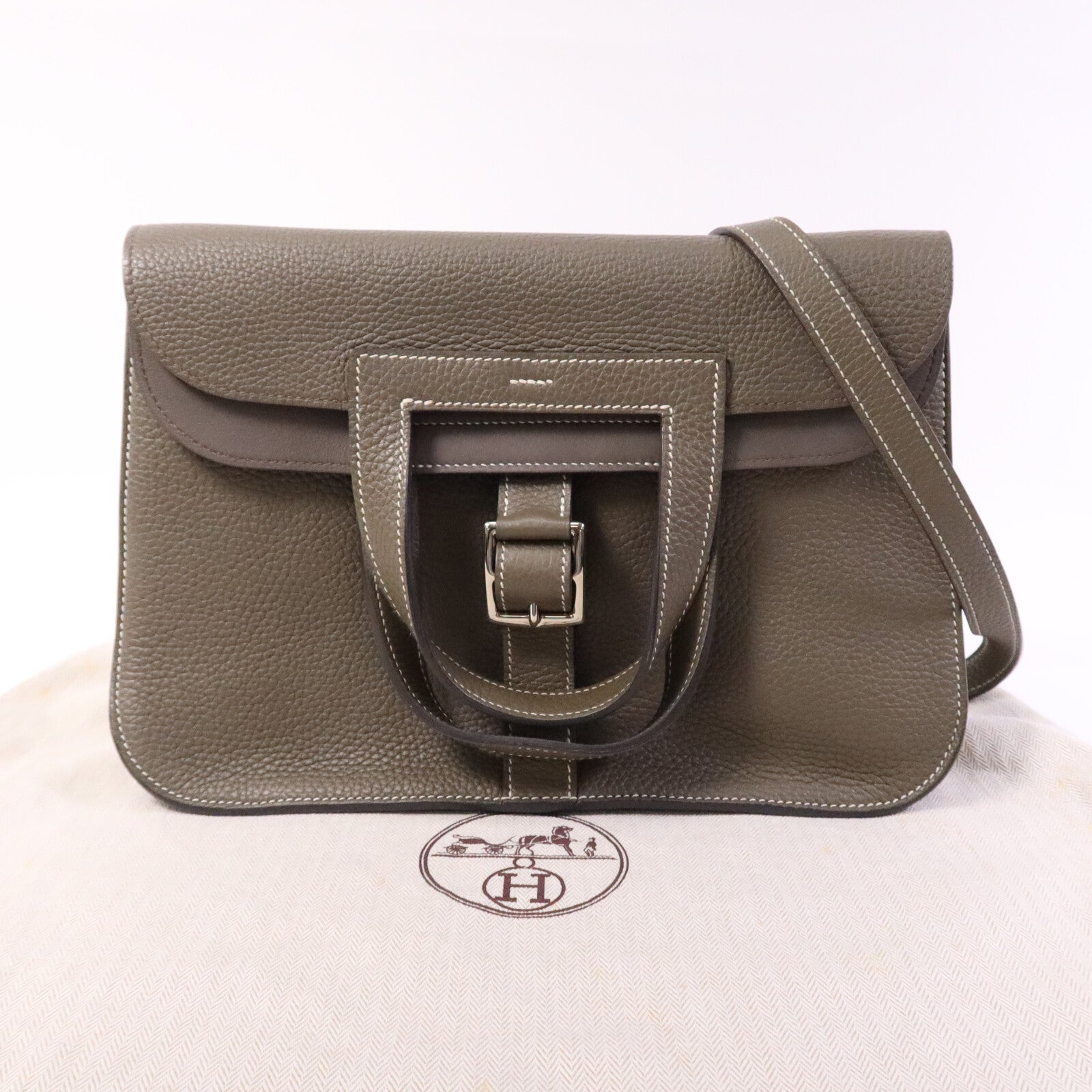 HERMES Swift/Clemence皮革Halzan 31銀扣手挽肩背兩用袋Etain