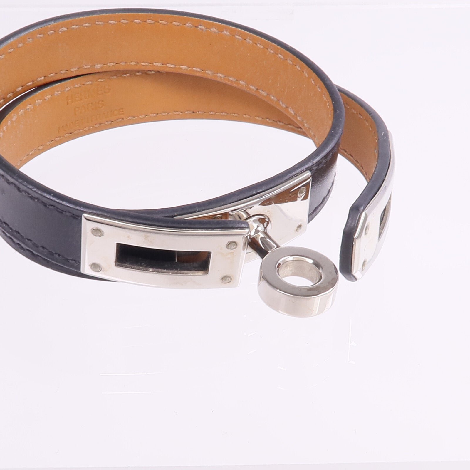 HERMES Boxcalf皮革Kelly Double Tour Bracelet銀扣手帶