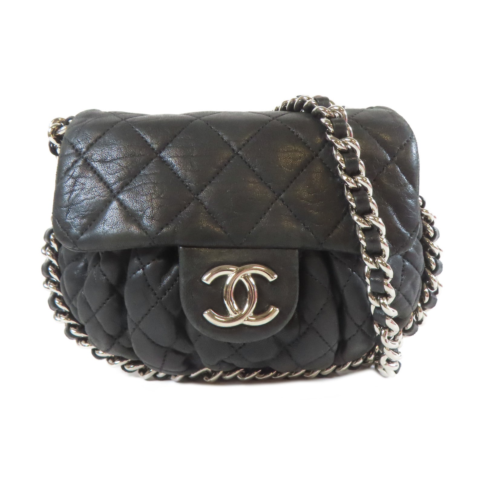 CHANEL 菱格牛皮皮革Chain Shoulder銀扣鏈帶肩背袋黑色