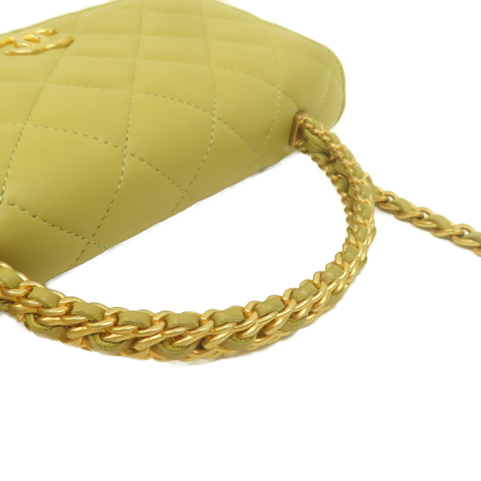 CHANEL 菱格羊皮皮革Handle Chain Flap金扣手挽肩背兩用袋淺綠色