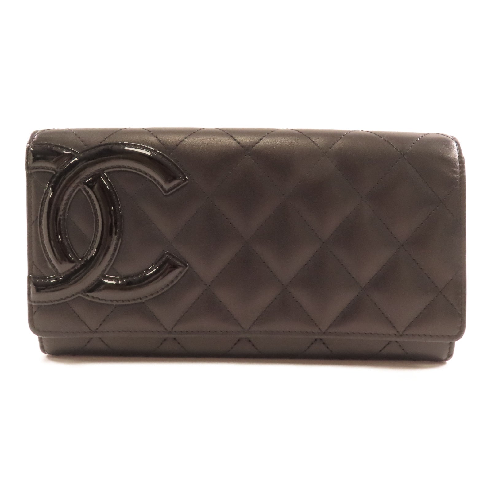 CHANEL 菱格牛皮皮革Cambon Wallet銀扣長錢包黑色