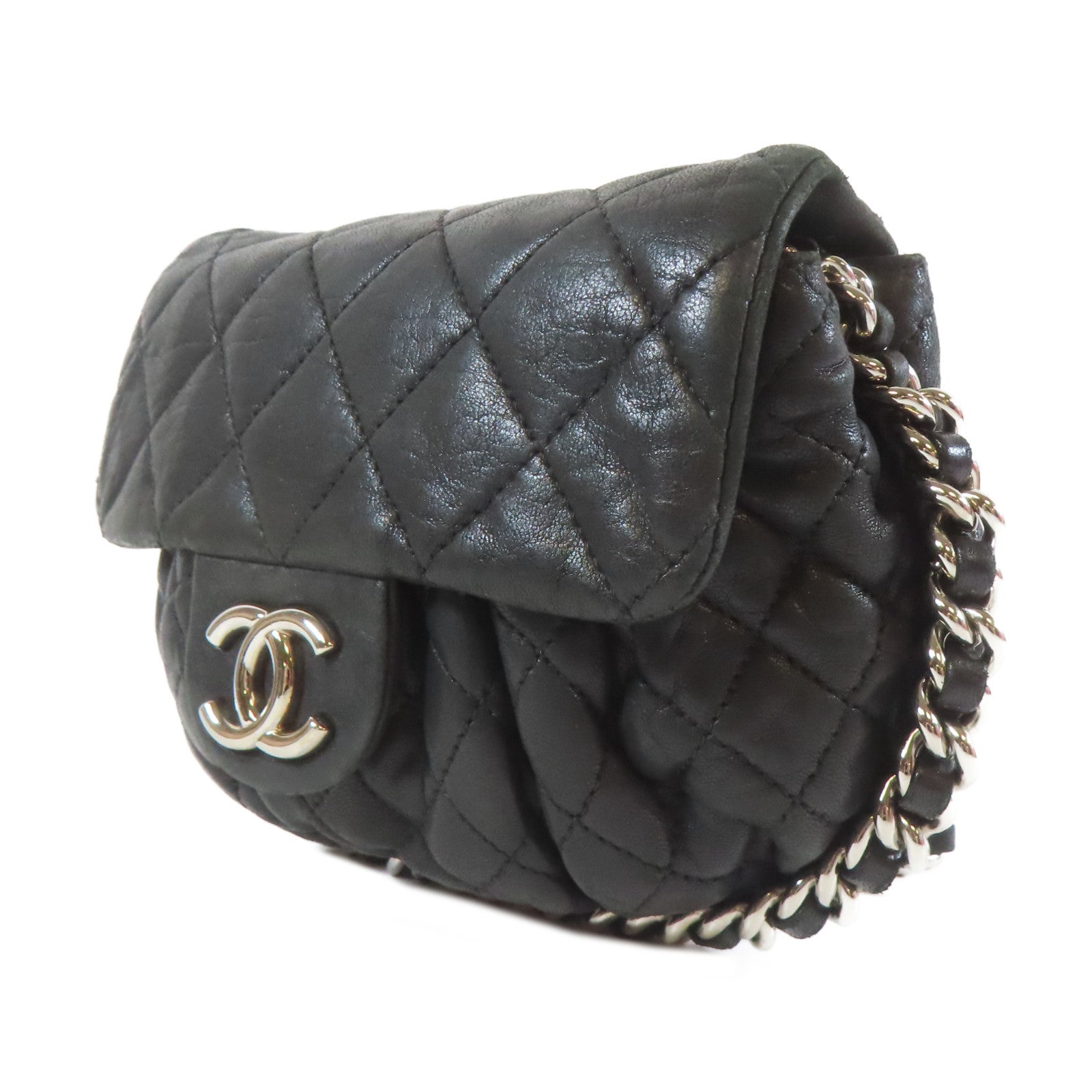 CHANEL 菱格牛皮皮革Chain Shoulder銀扣鏈帶肩背袋黑色