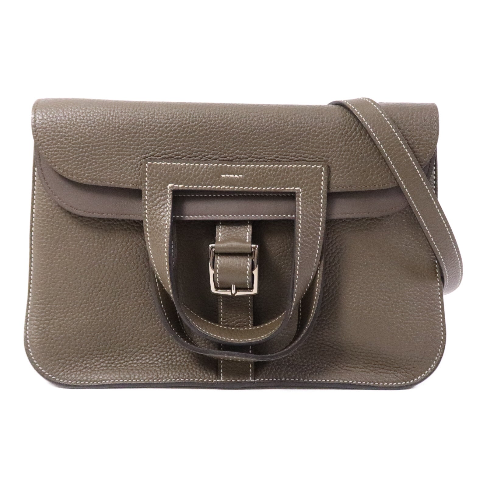 HERMES Swift/Clemence皮革Halzan 31銀扣手挽肩背兩用袋Etain