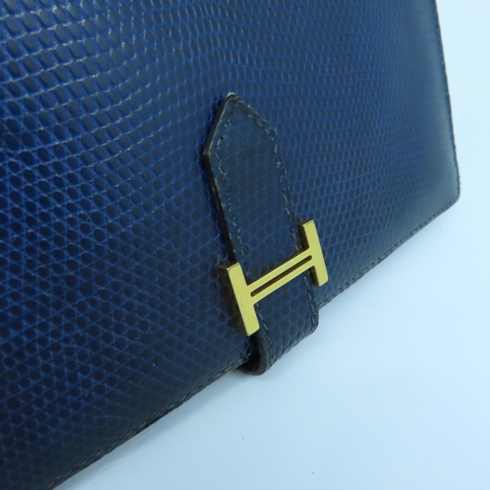 HERMES 【激減優惠】蜥蝪皮革Bearn W Snap金扣長錢包藍色
