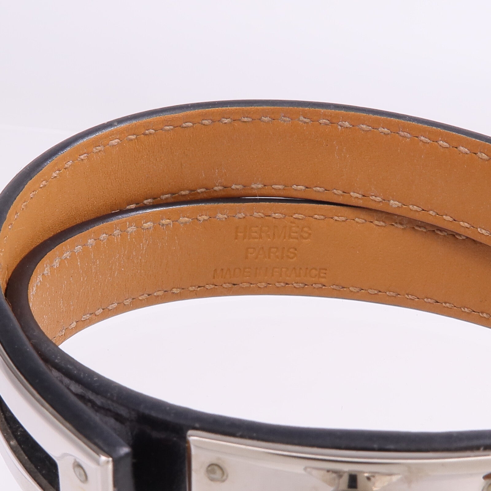 HERMES Boxcalf皮革Kelly Double Tour Bracelet銀扣手帶