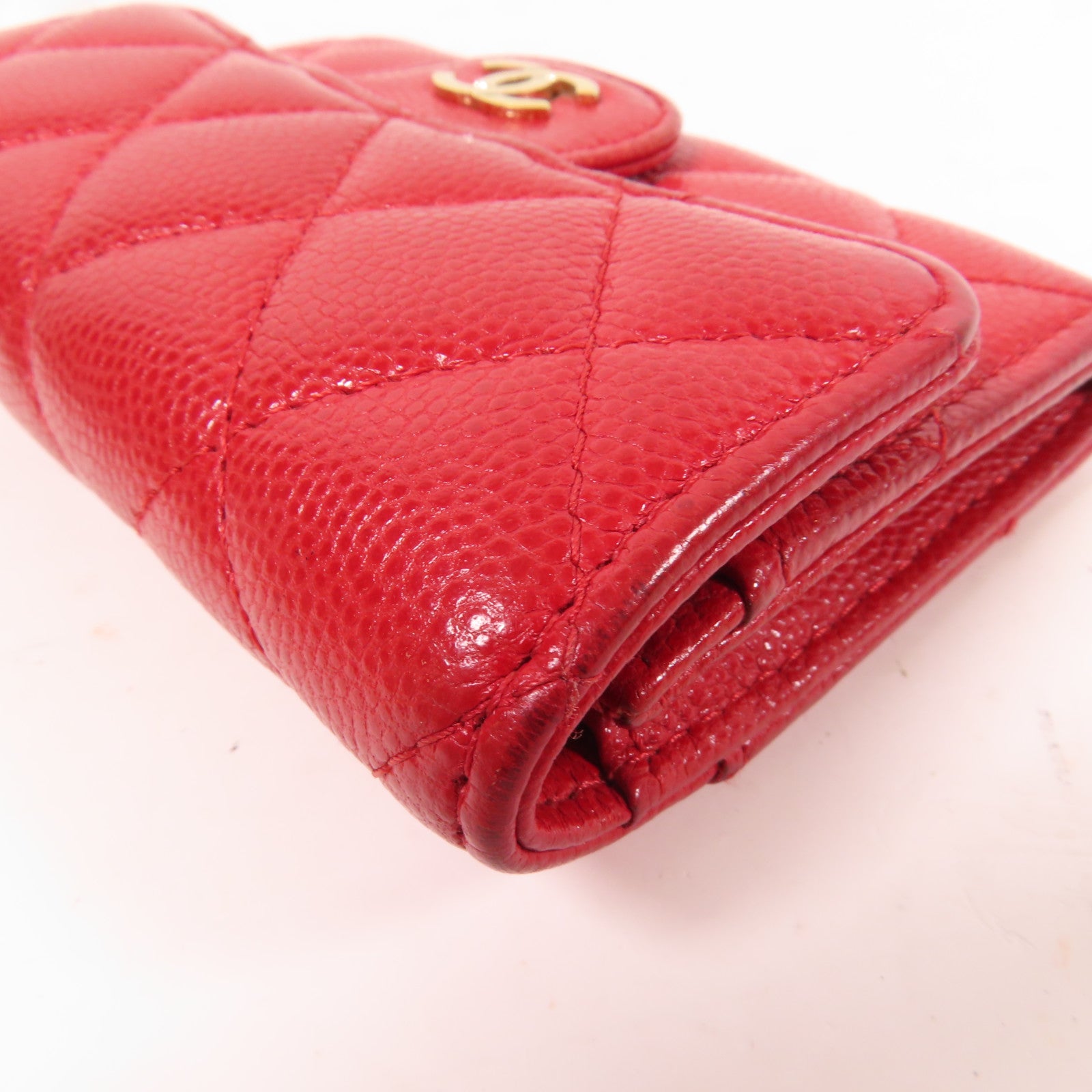 CHANEL 菱格Caviar皮革Card Case金扣卡片套紅色
