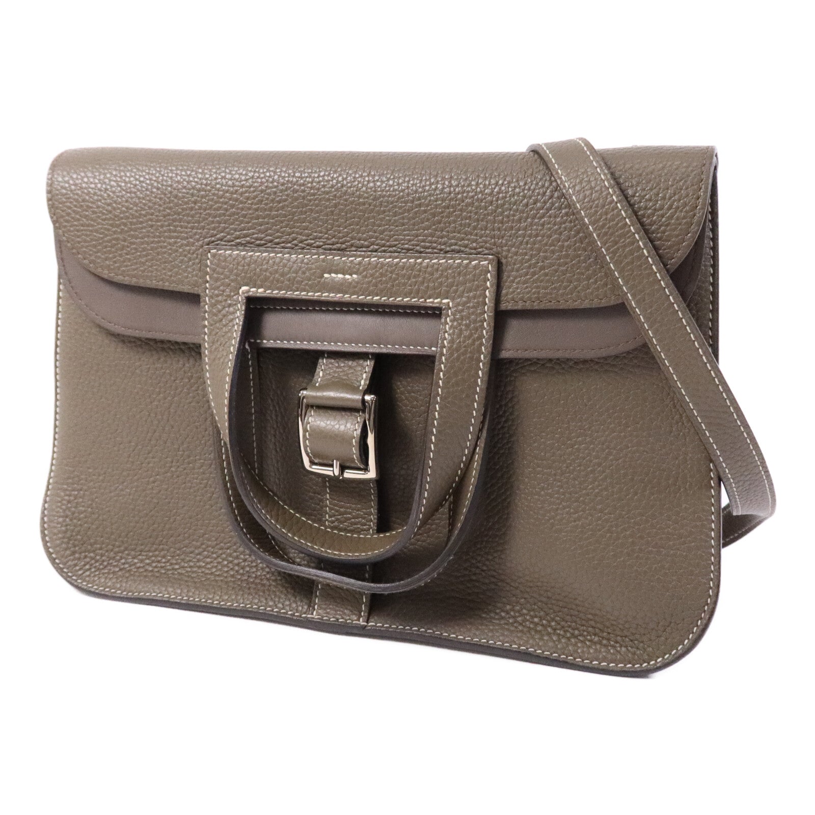 HERMES Swift/Clemence皮革Halzan 31銀扣手挽肩背兩用袋Etain