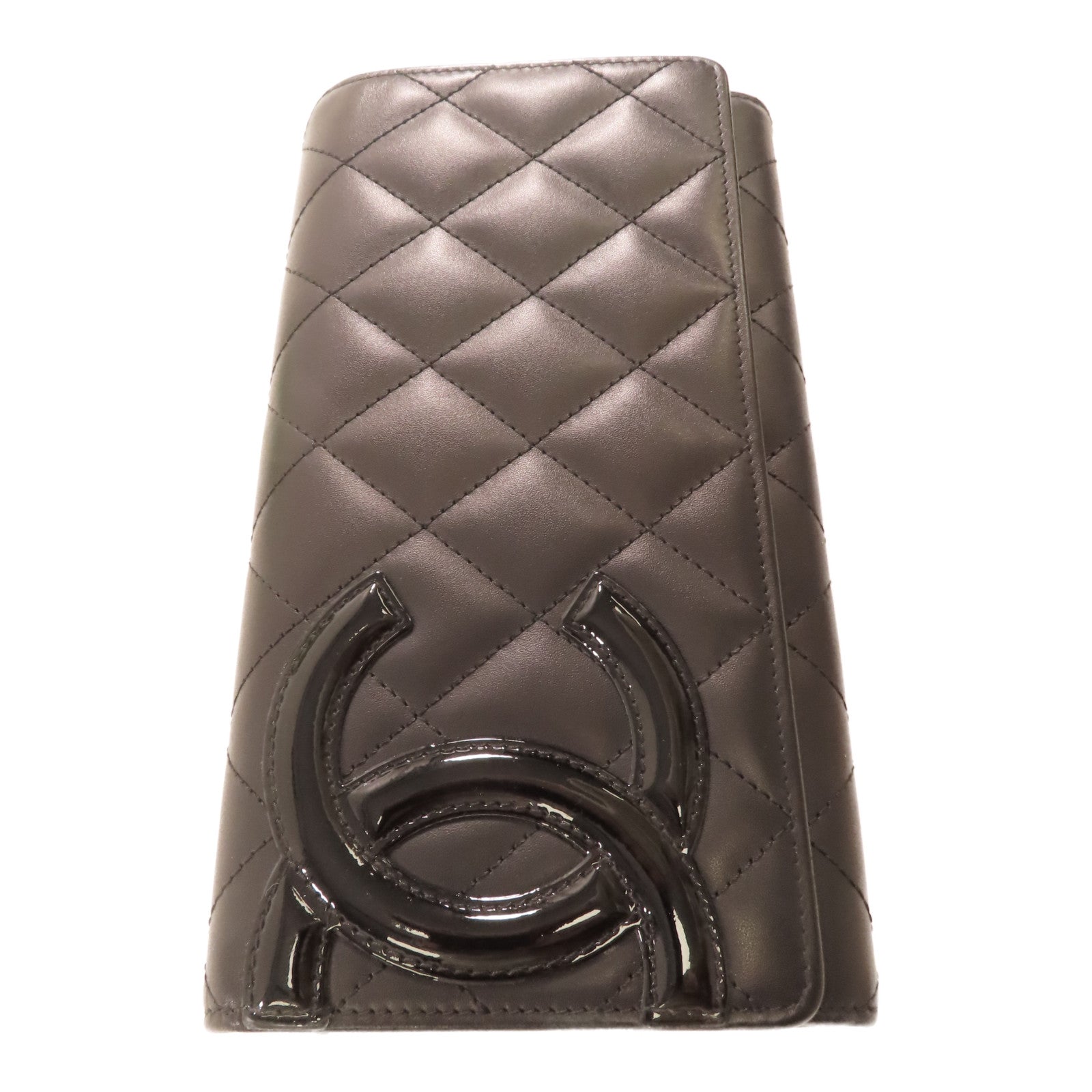 CHANEL 菱格牛皮皮革Cambon Wallet銀扣長錢包黑色