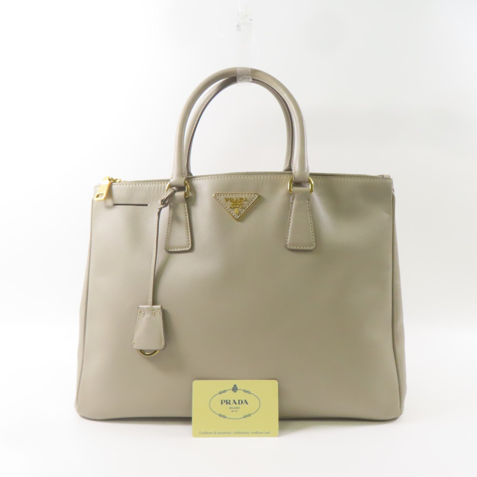 PRADA 牛皮皮革Saffiano Lux金扣手挽袋灰色