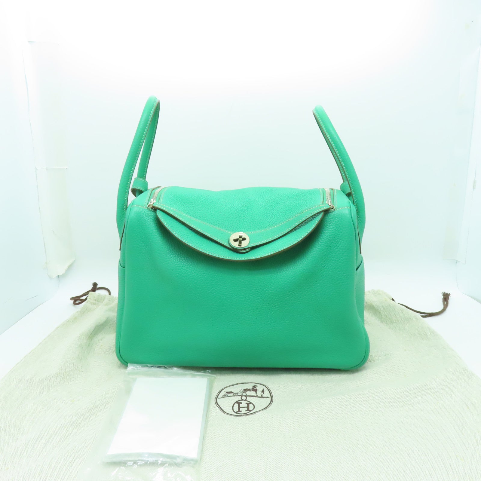 HERMES 【激減優惠】Clemence皮革Lindy 34銀扣手挽肩背兩用袋Menthe/Gris Tourterelle綠色