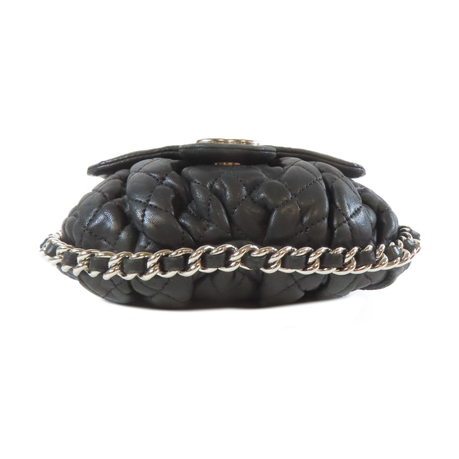 CHANEL 菱格牛皮皮革Chain Shoulder銀扣鏈帶肩背袋黑色