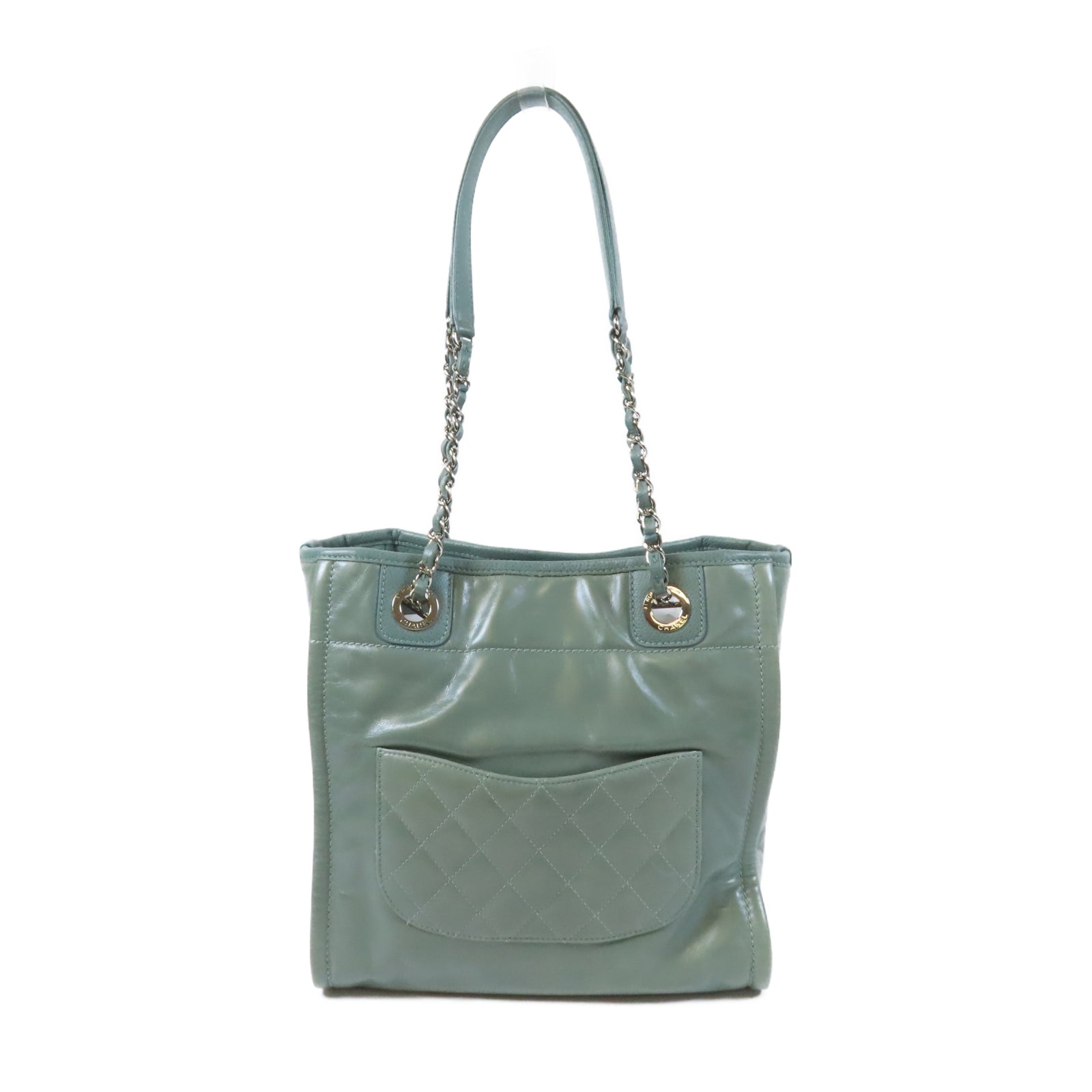 CHANEL 【激減優惠】牛皮皮革Tote Bag銀扣鏈帶手挽袋綠色