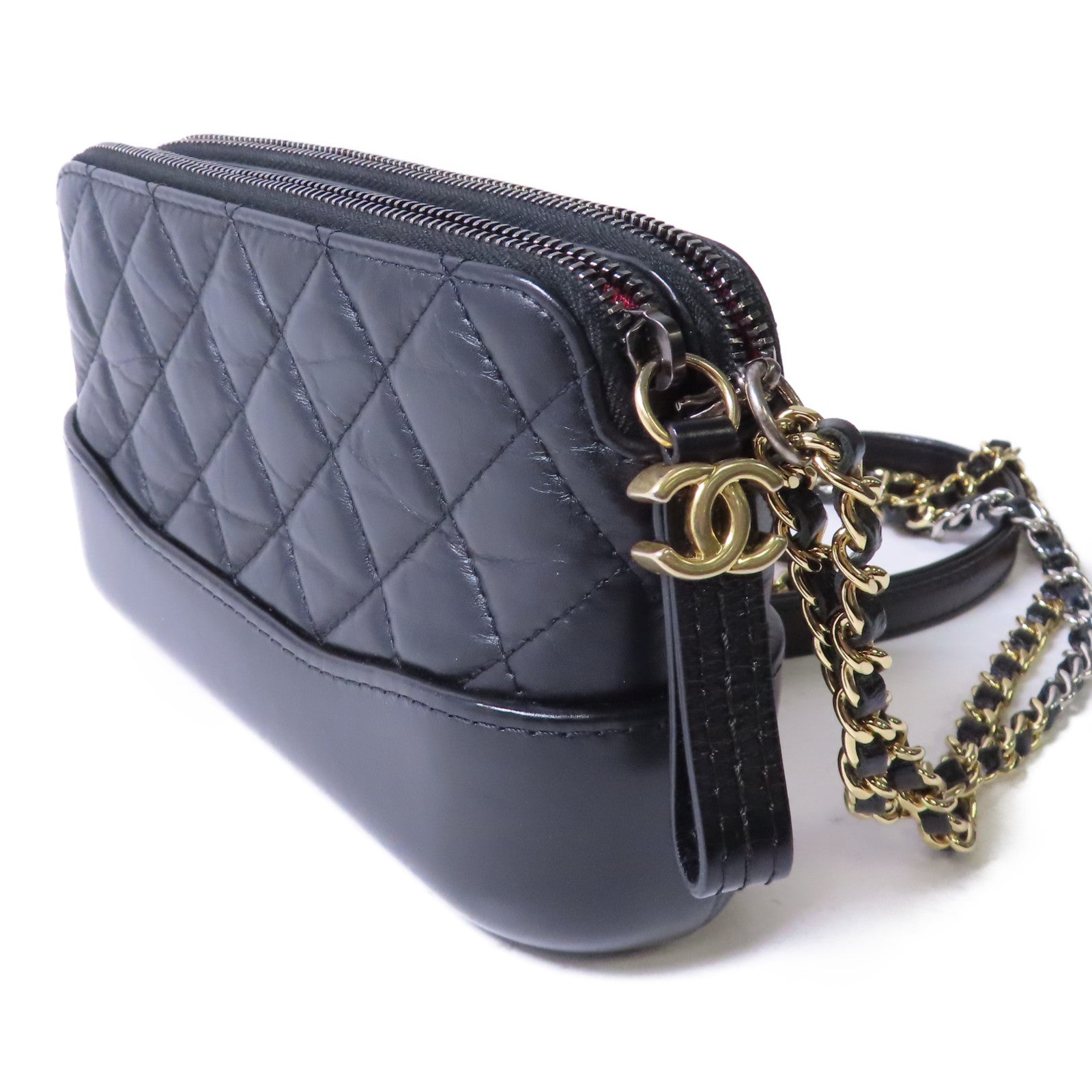 CHANEL 菱格牛皮皮革Gabrielle Clutch金/銀扣鏈帶肩背袋黑色