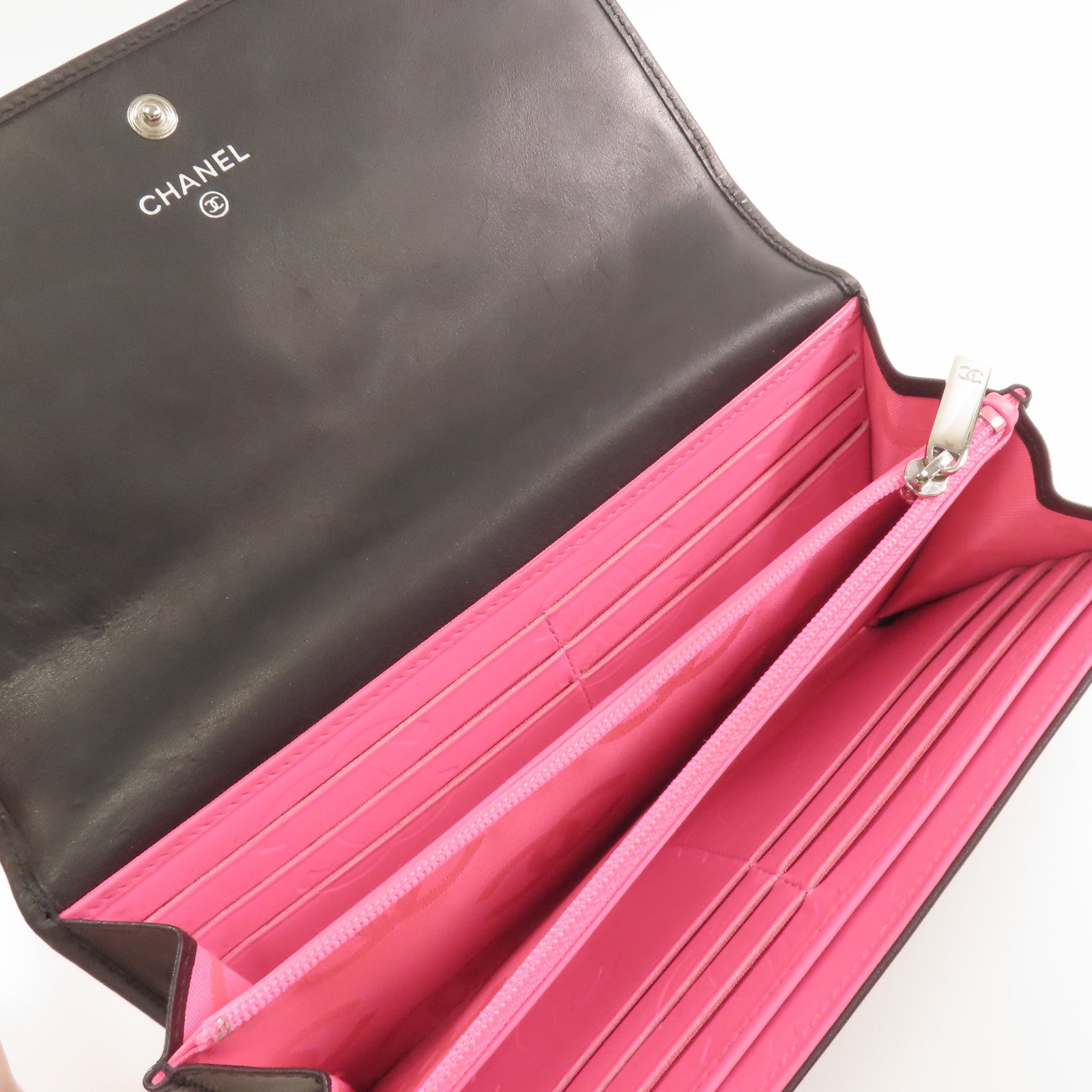 CHANEL 菱格牛皮皮革Cambon Wallet銀扣長錢包黑色